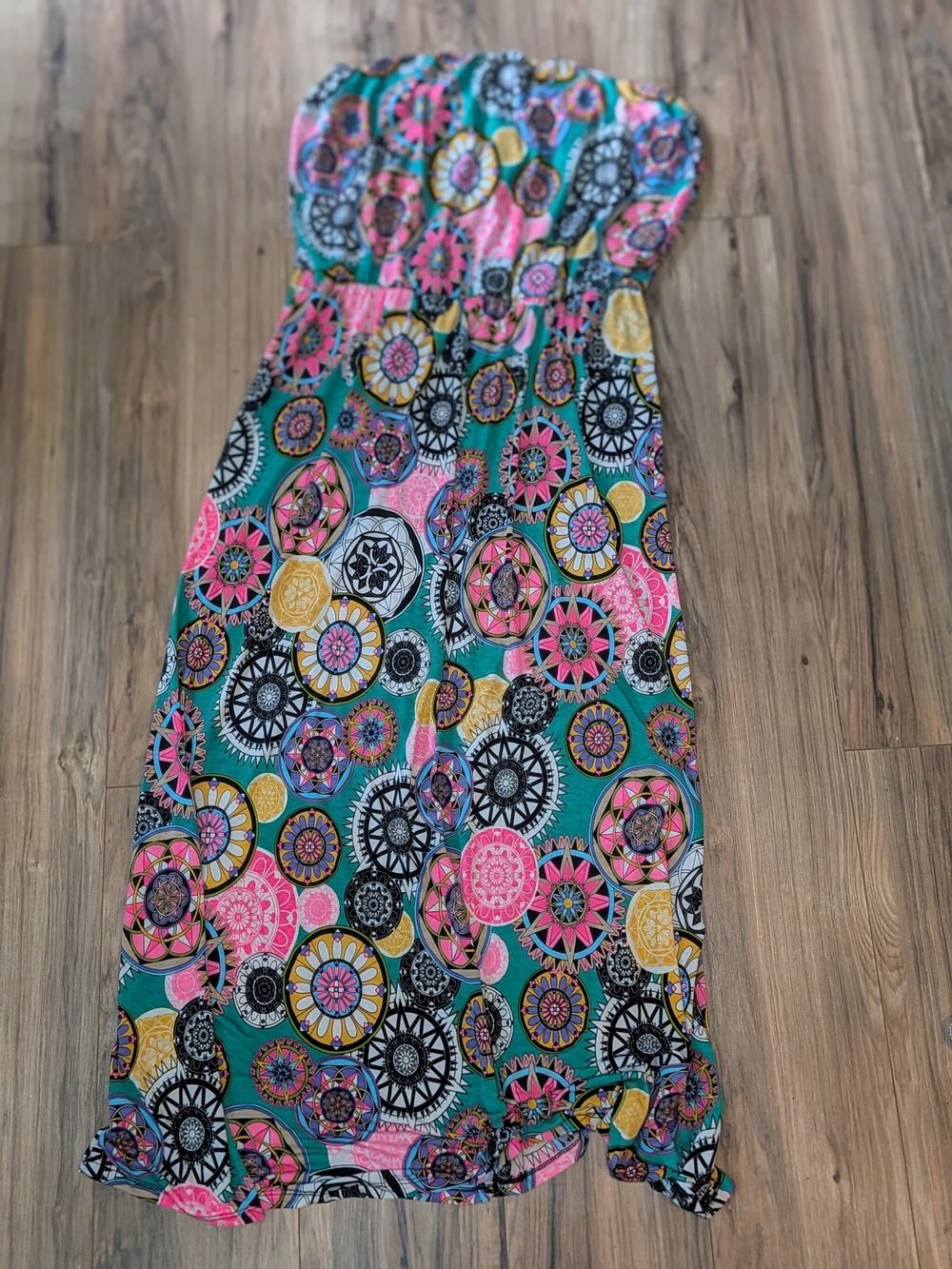 Fashion to Figure Strapless Maxi Dress, Teal & Pink Floral Medallions, 3x